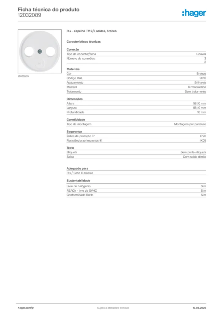 Imagem Hager Ficha técnica do produto 12032089 | Hager Portugal