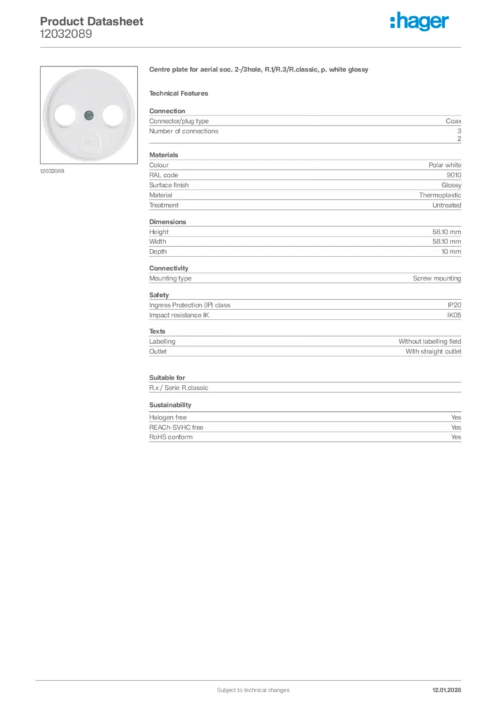 Image Hager Product data sheet 12032089  | Hager