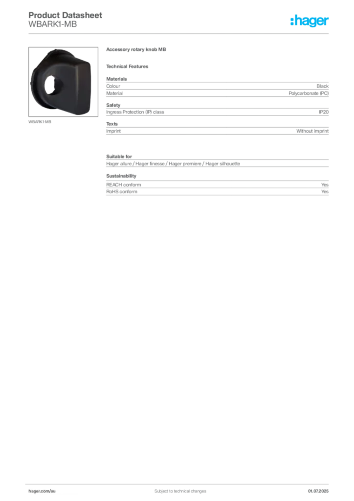 Image Hager Product data sheet WBARK1-MB  | Hager Australia