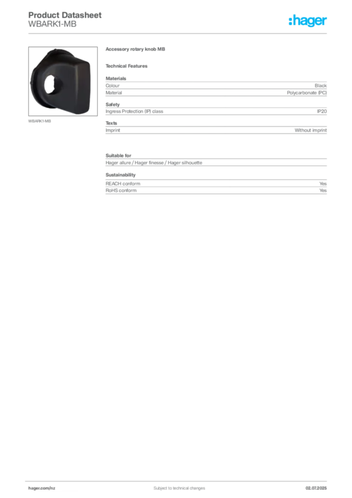 Image Hager Product data sheet WBARK1-MB  | Hager New Zealand