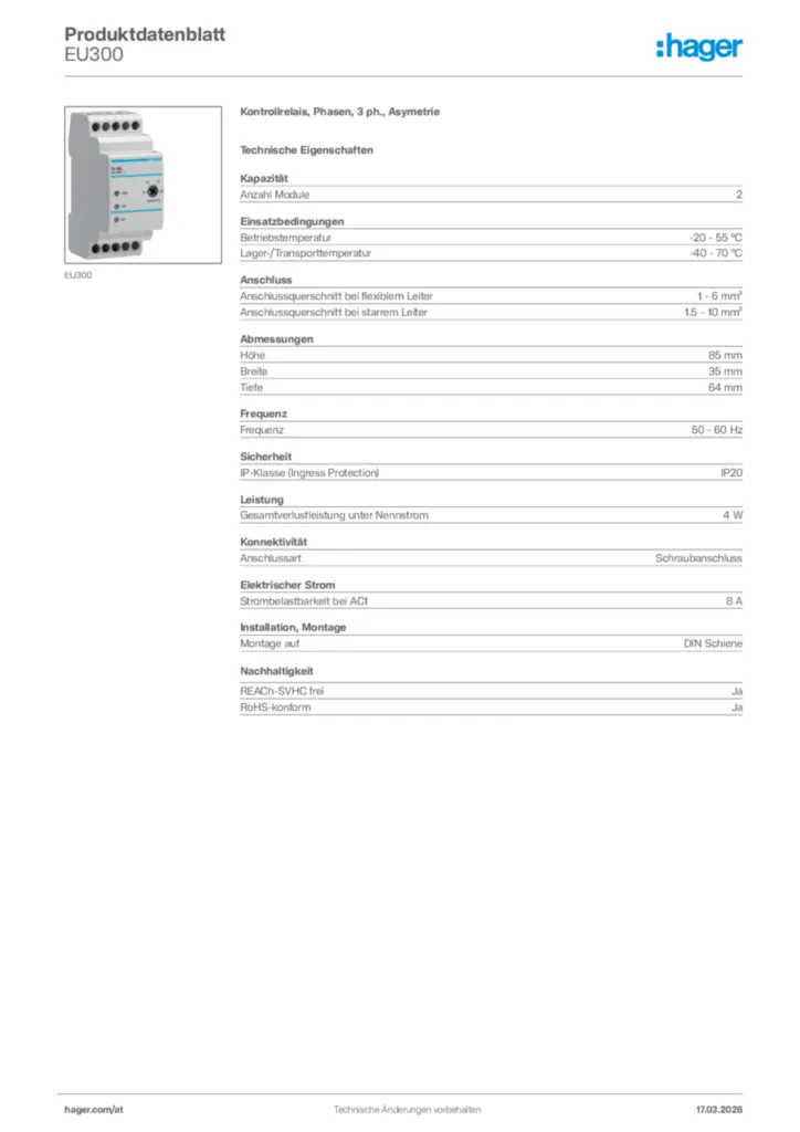 Bild Hager Produktdatenblatt EU300 | Hager Deutschland