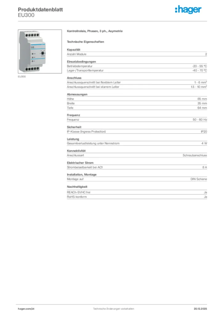 Bild Hager Produktdatenblatt EU300 | Hager Deutschland