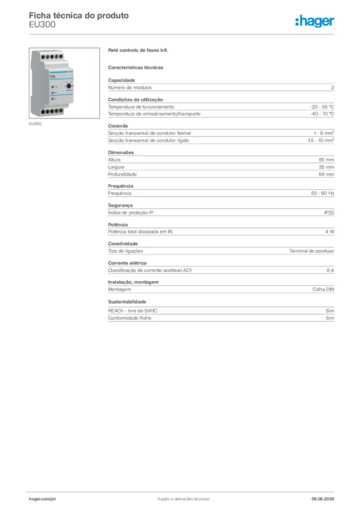Imagem Hager Ficha técnica do produto EU300 | Hager Portugal
