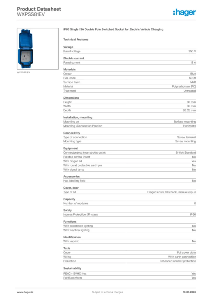 Image Hager Product data sheet WXPSS81EV  | Hager