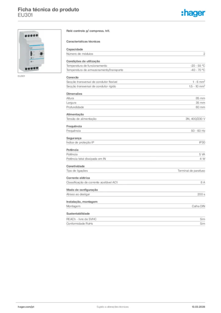 Imagem Hager Ficha técnica do produto EU301 | Hager Portugal