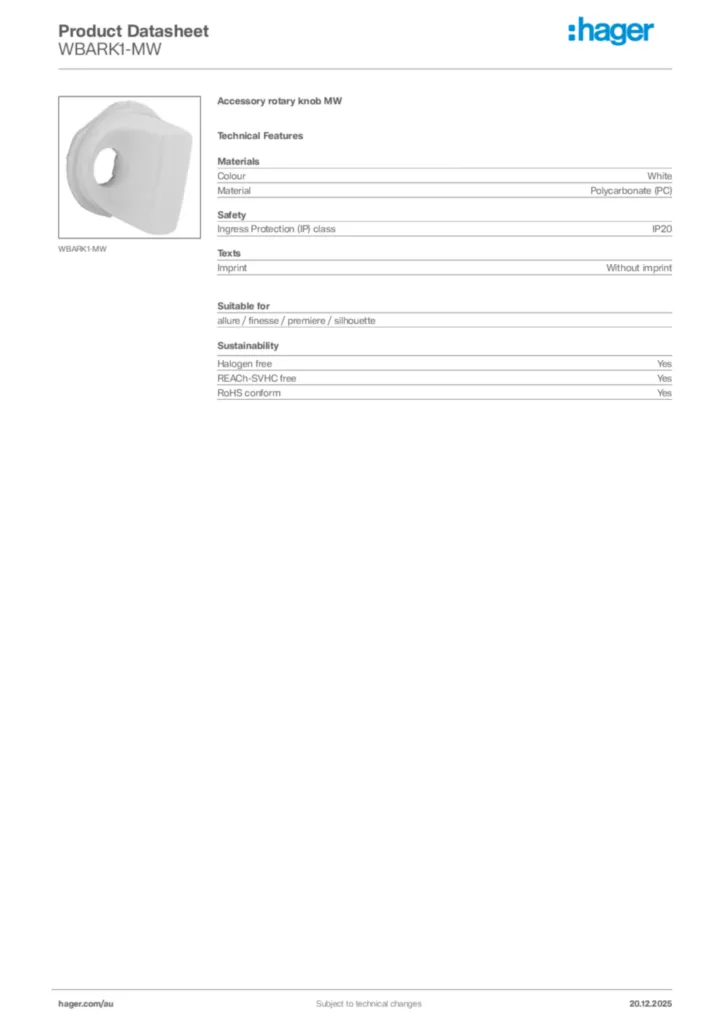 Image Hager Product data sheet WBARK1-MW  | Hager Australia