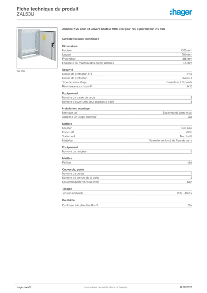 Image Hager Fiche technique du produit ZAL53U | Hager France