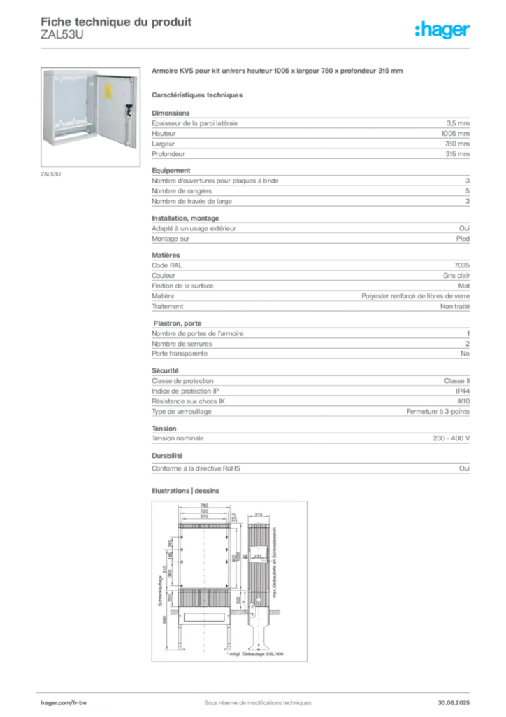Image Hager Fiche technique du produit ZAL53U | Hager Belgique