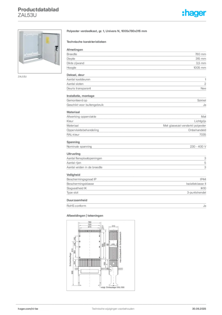 Afbeelding Hager Productdatablad ZAL53U | Hager Belgium
