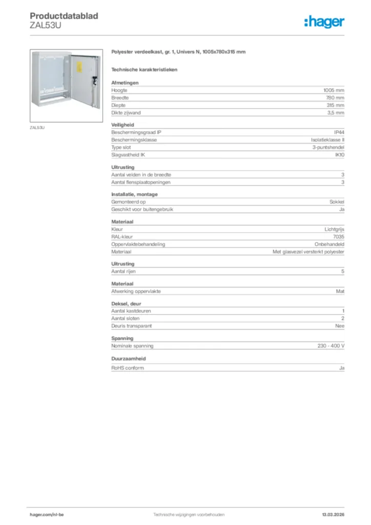 Afbeelding Hager Productdatablad ZAL53U | Hager Belgium