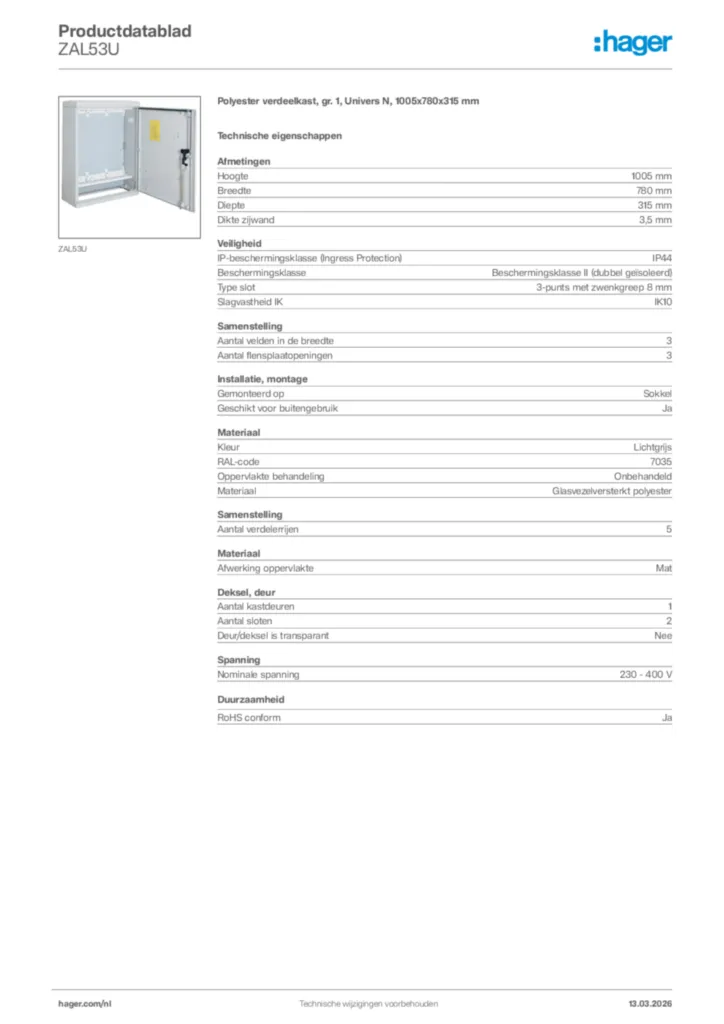 Afbeelding Hager Productdatablad ZAL53U | Hager Nederland