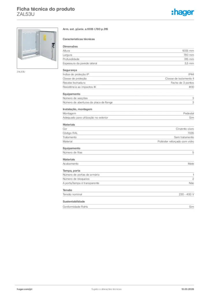 Imagem Hager Ficha técnica do produto ZAL53U | Hager Portugal