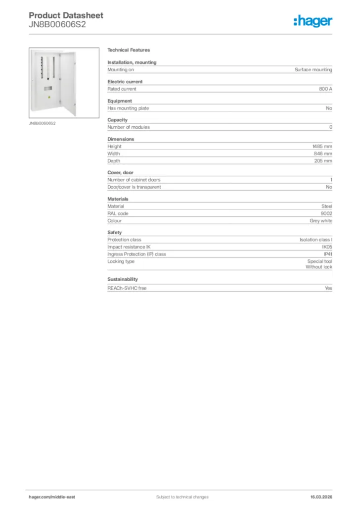 Image Hager Product data sheet JN8B00606S2  | Hager
