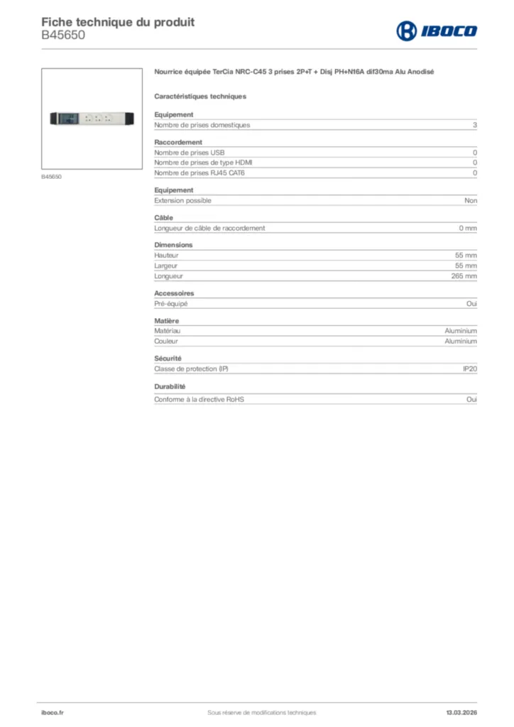 Image Iboco Fiche technique du produit B45650 | Hager France