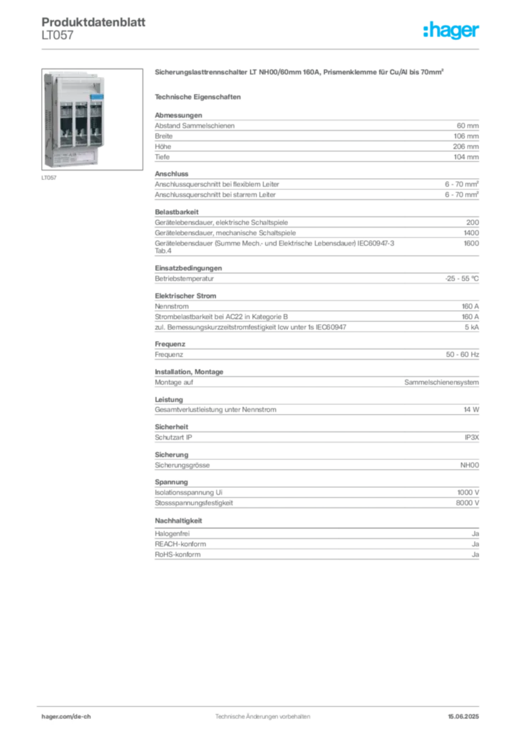 Bild Hager Produktdatenblatt LT057 | Hager Schweiz