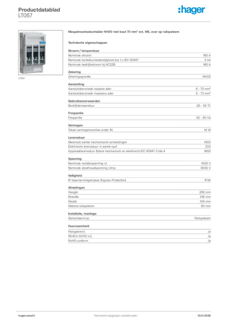 Afbeelding Hager Productdatablad LT057 | Hager Nederland
