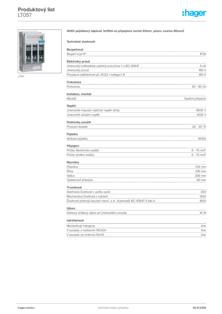 Obrázek Hager Produktový list LT057 | Hager