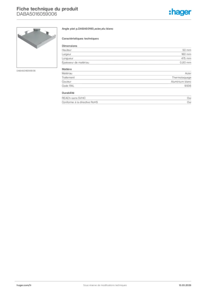 Image Hager Fiche technique du produit DABA5016059006 | Hager France
