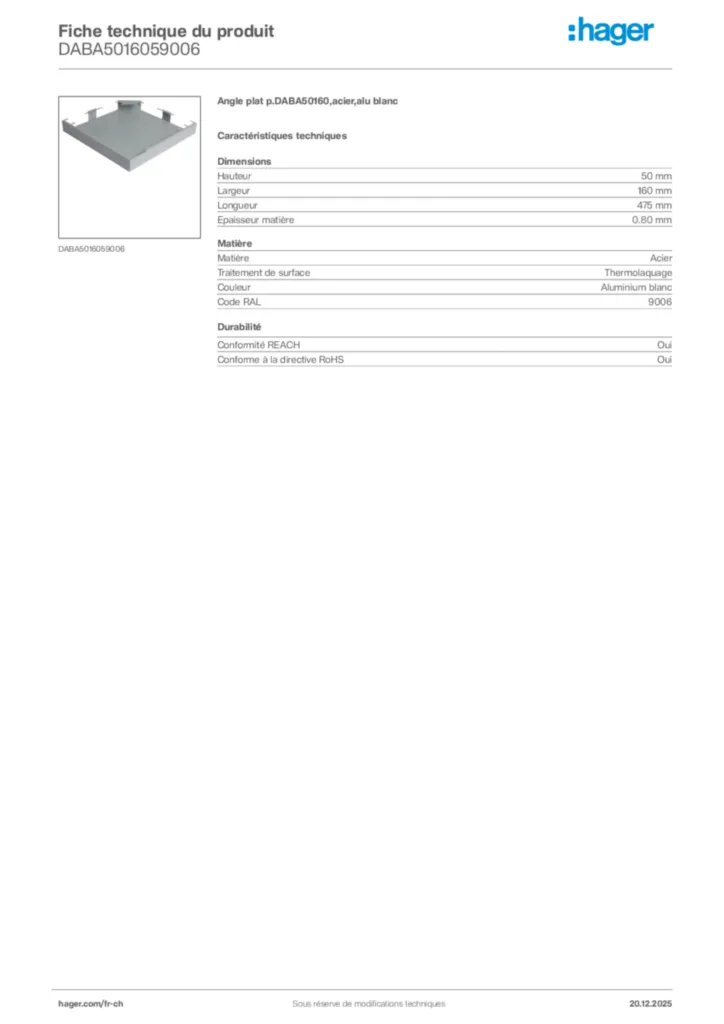 Image Hager Fiche technique du produit DABA5016059006 | Hager Suisse