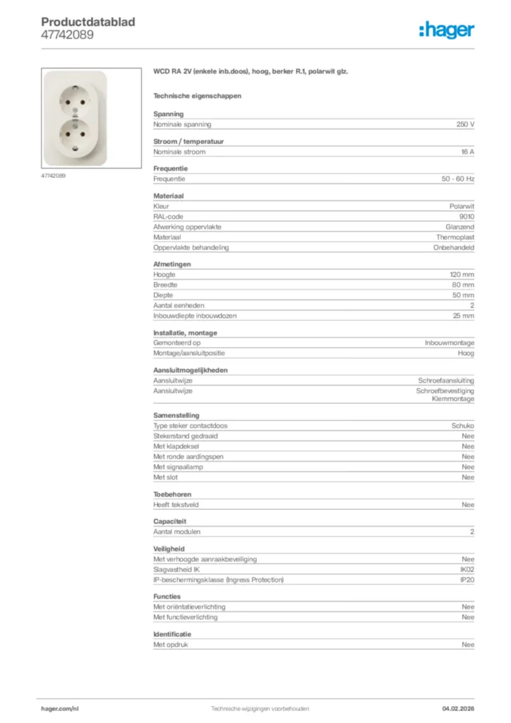 Afbeelding Hager Productdatablad 47742089 | Hager Nederland