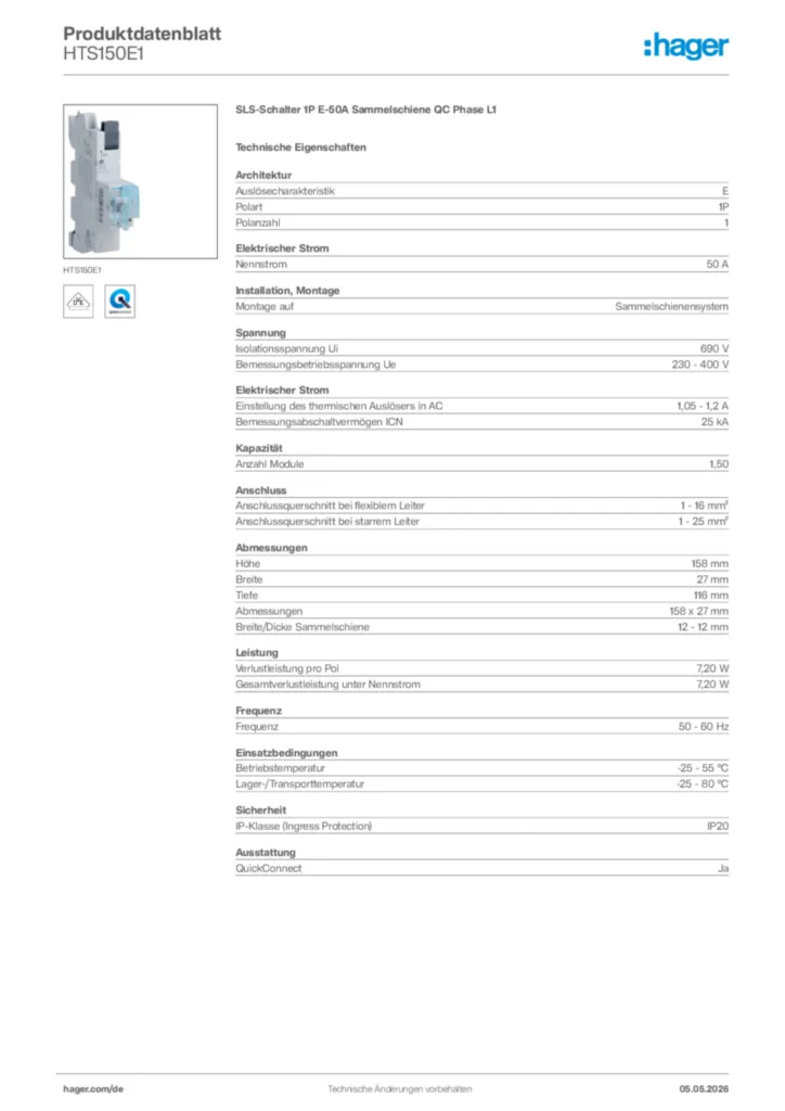 Bild Hager Produktdatenblatt HTS150E1 | Hager Deutschland