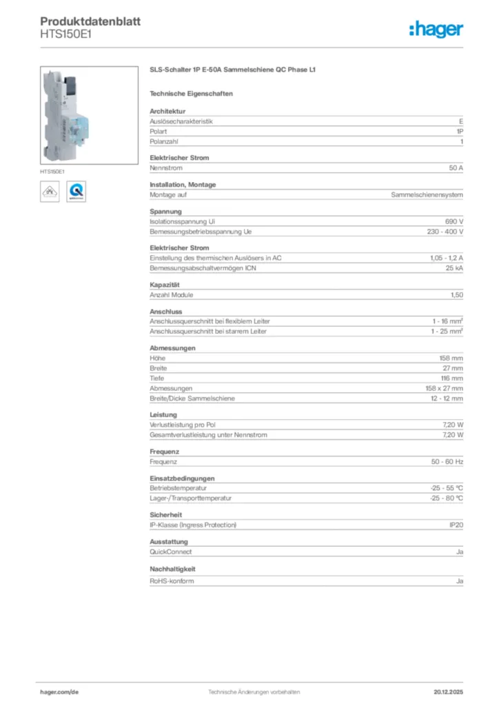 Bild Hager Produktdatenblatt HTS150E1 | Hager Deutschland