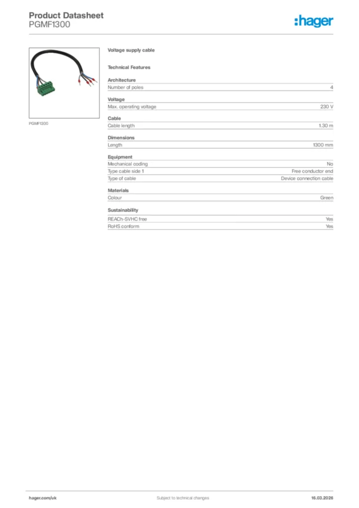 Image Hager Product data sheet PGMF1300  | Hager