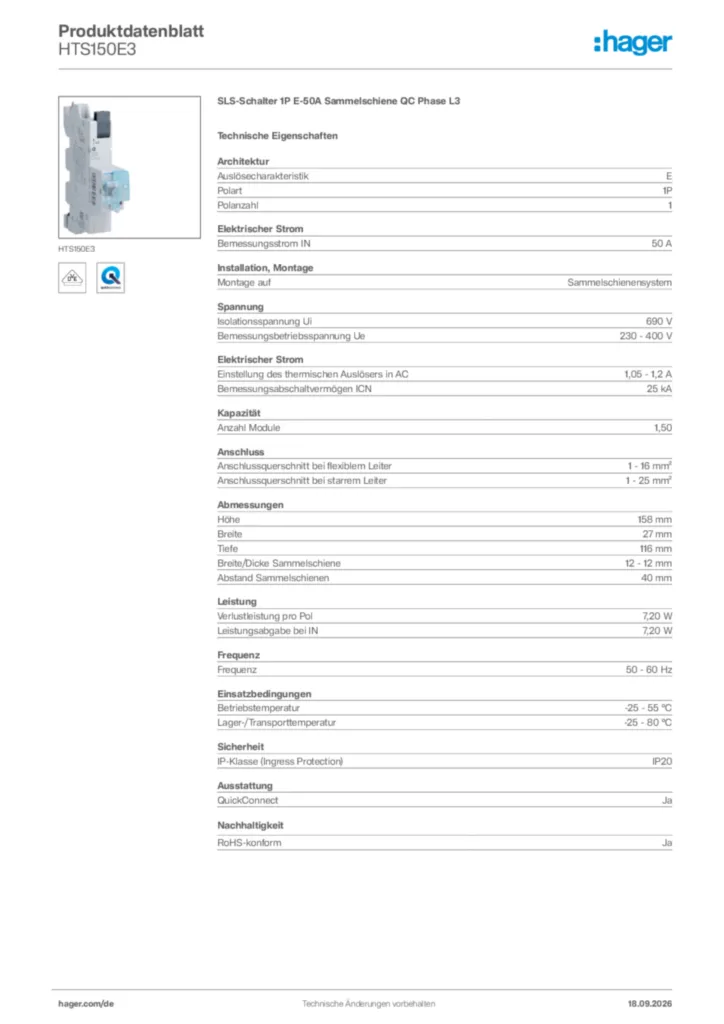 Bild Hager Produktdatenblatt HTS150E3 | Hager Deutschland