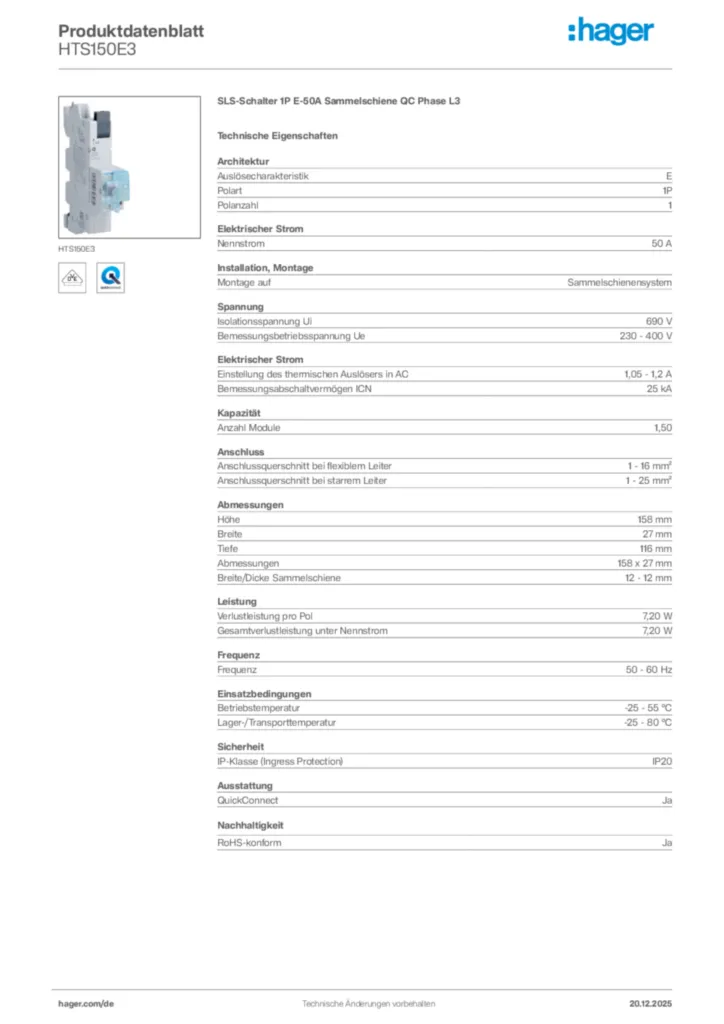 Bild Hager Produktdatenblatt HTS150E3 | Hager Deutschland