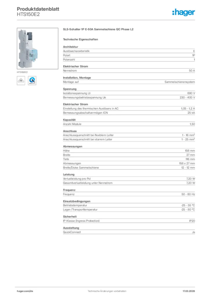 Bild Hager Produktdatenblatt HTS150E2 | Hager Deutschland