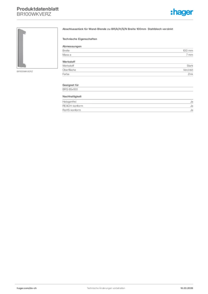 Bild Hager Produktdatenblatt BR100WKVERZ | Hager Schweiz
