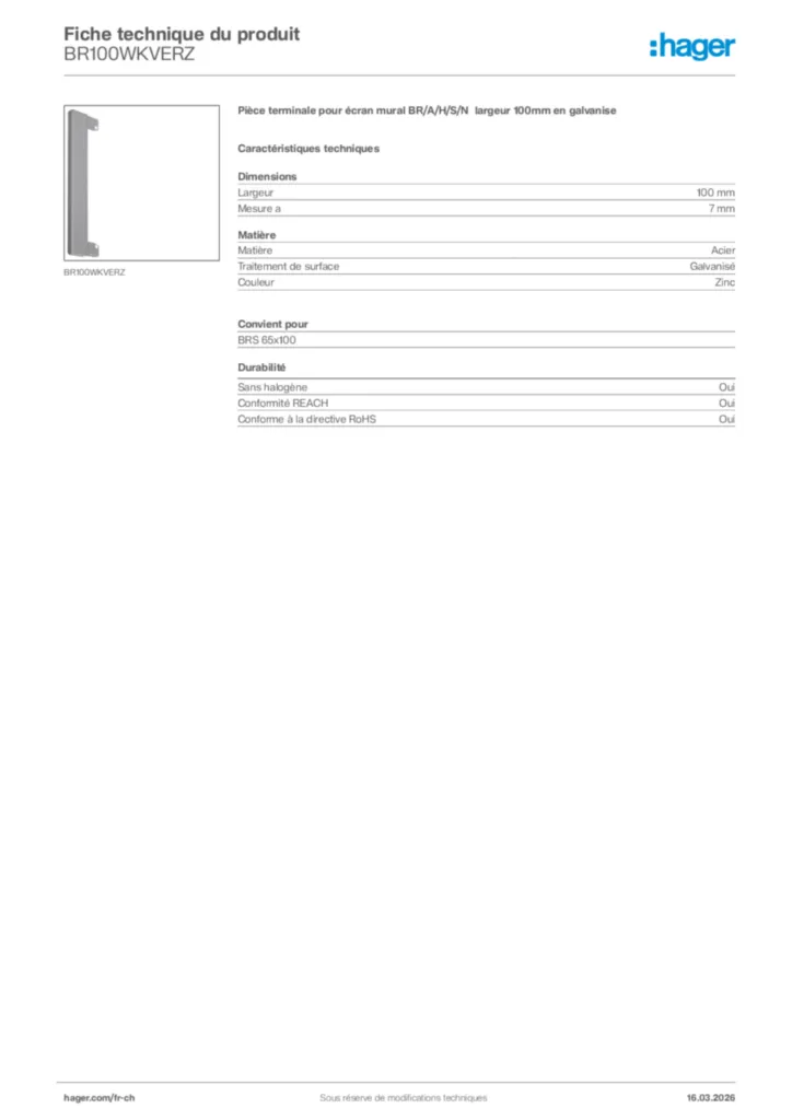 Image Hager Fiche technique du produit BR100WKVERZ | Hager Suisse