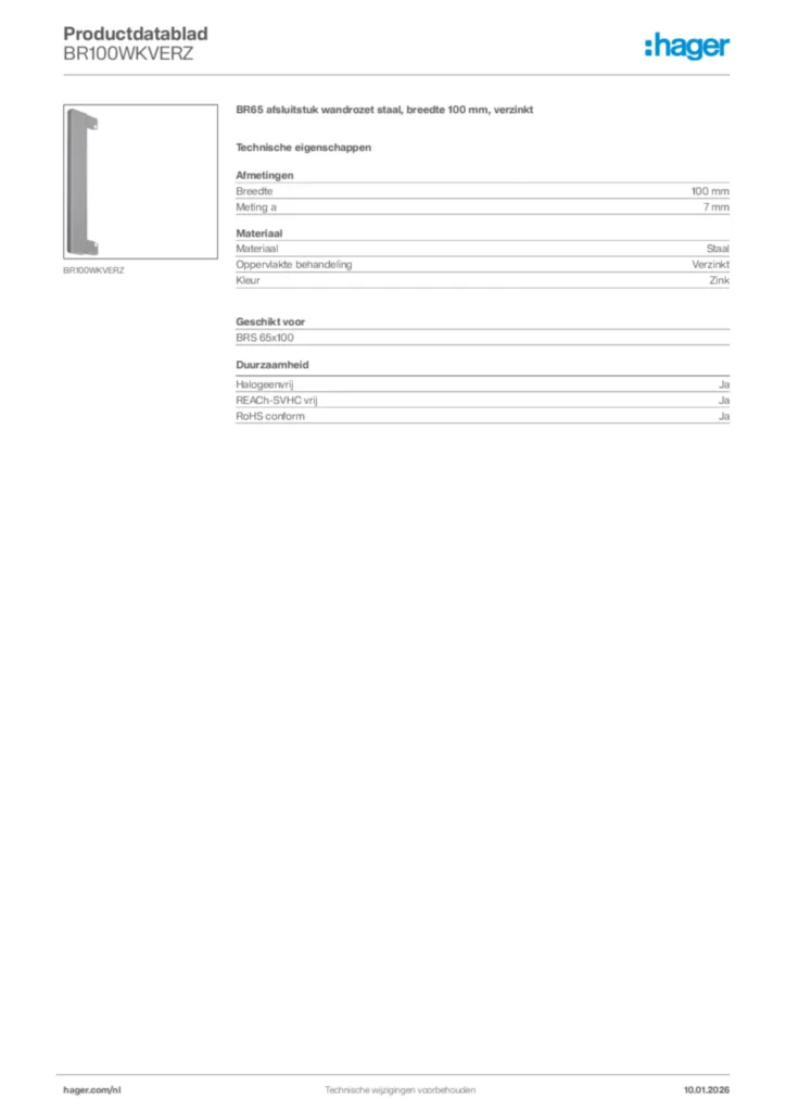 Afbeelding Hager Productdatablad BR100WKVERZ | Hager Nederland