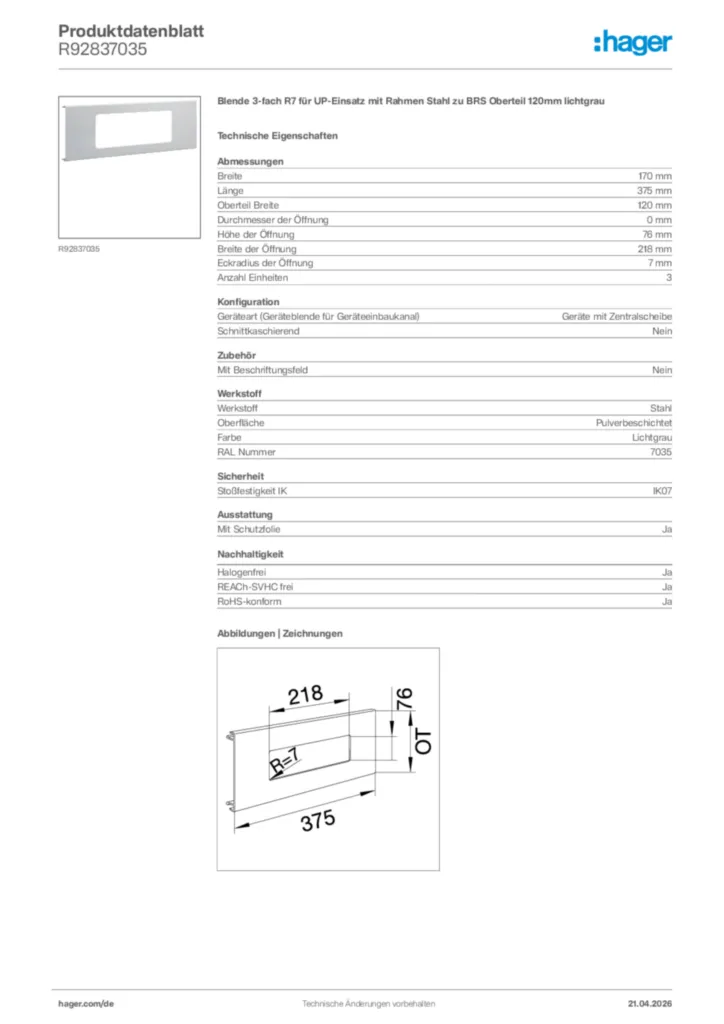 Bild Hager Produktdatenblatt R92837035 | Hager Deutschland