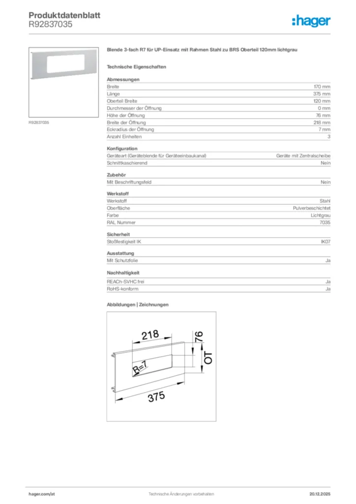 Bild Hager Produktdatenblatt R92837035 | Hager Deutschland