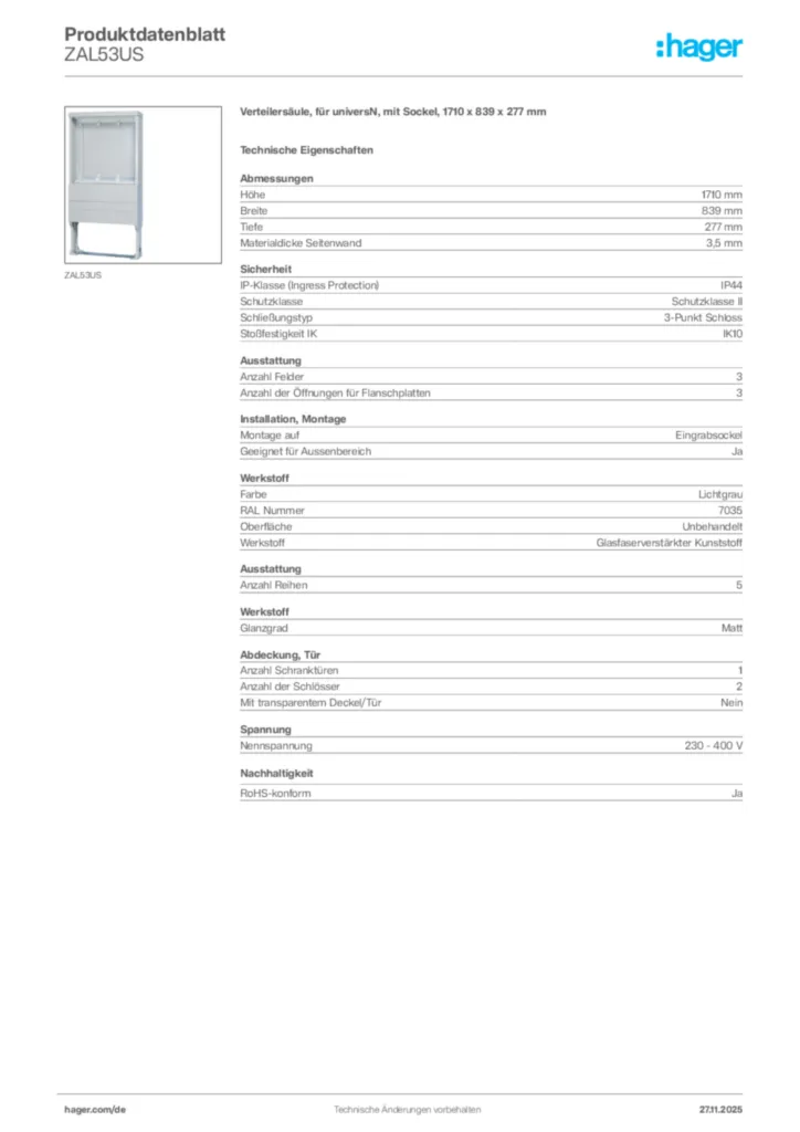 Hager Produktdatenblatt ZAL53US