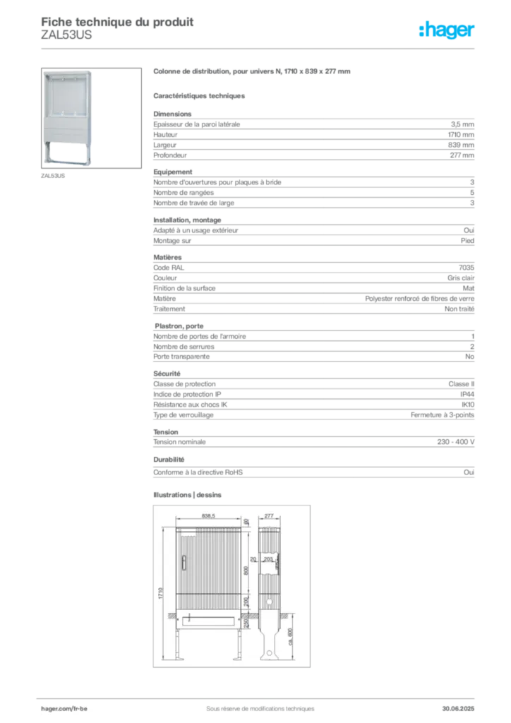 Image Hager Fiche technique du produit ZAL53US | Hager Belgique