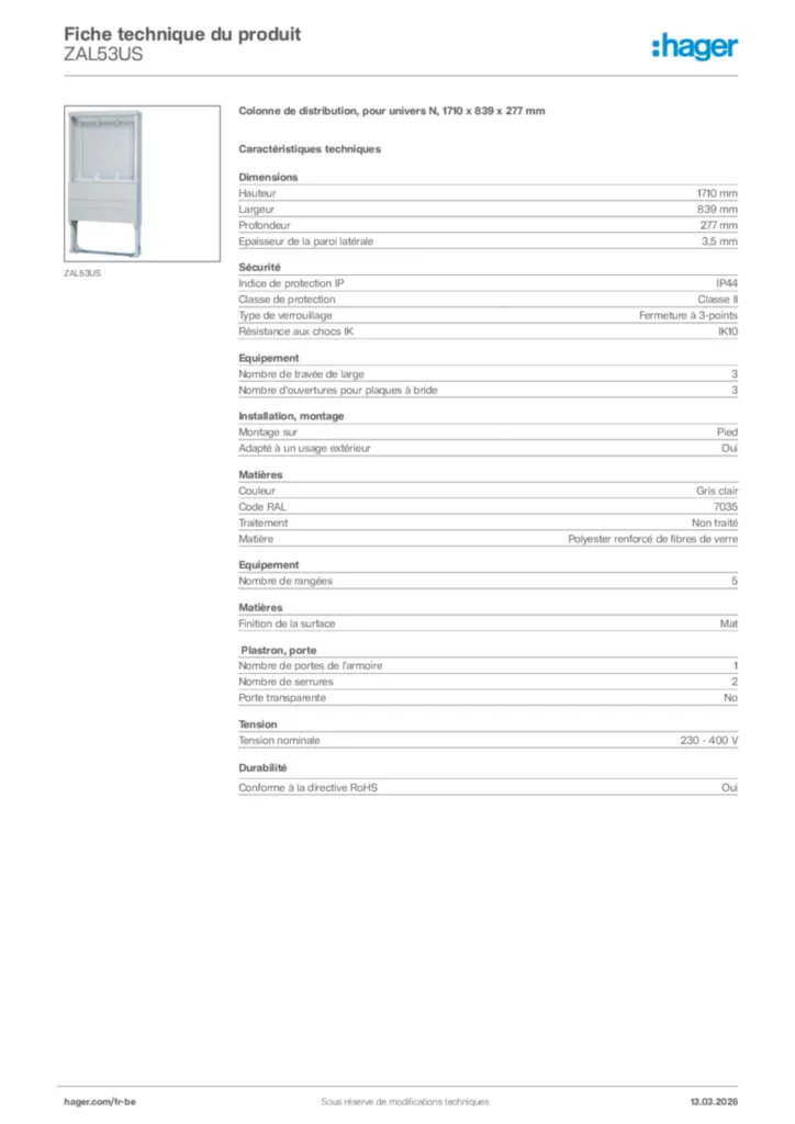 Image Hager Fiche technique du produit ZAL53US | Hager Belgique