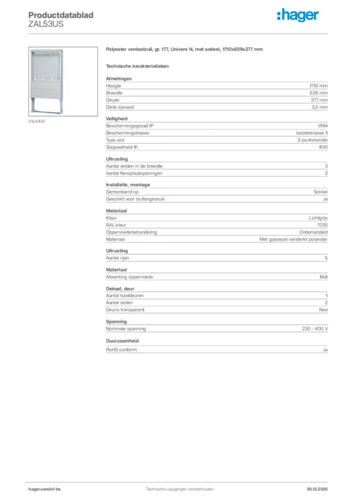 Afbeelding Hager Productdatablad ZAL53US | Hager Belgium