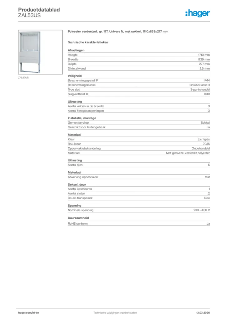Afbeelding Hager Productdatablad ZAL53US | Hager Belgium