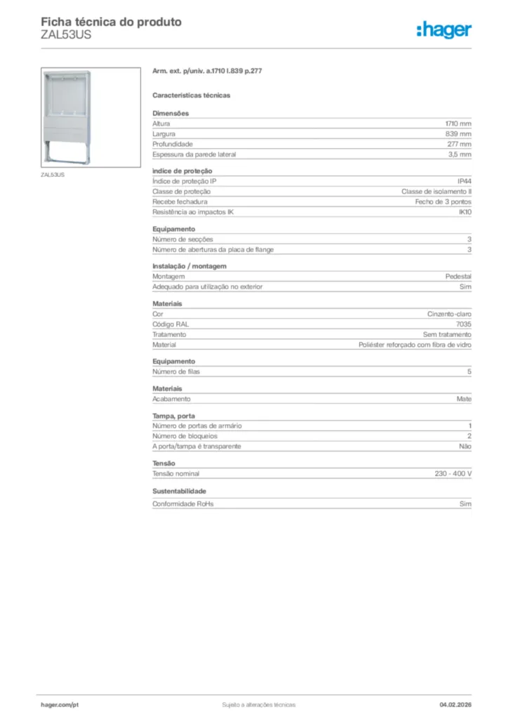 Imagem Hager Ficha técnica do produto ZAL53US | Hager Portugal