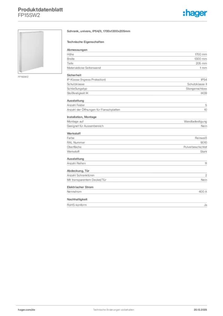 Bild Hager Produktdatenblatt FP15SW2 | Hager Deutschland