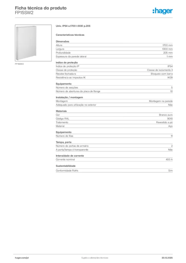 Imagem Hager Ficha técnica do produto FP15SW2 | Hager Portugal