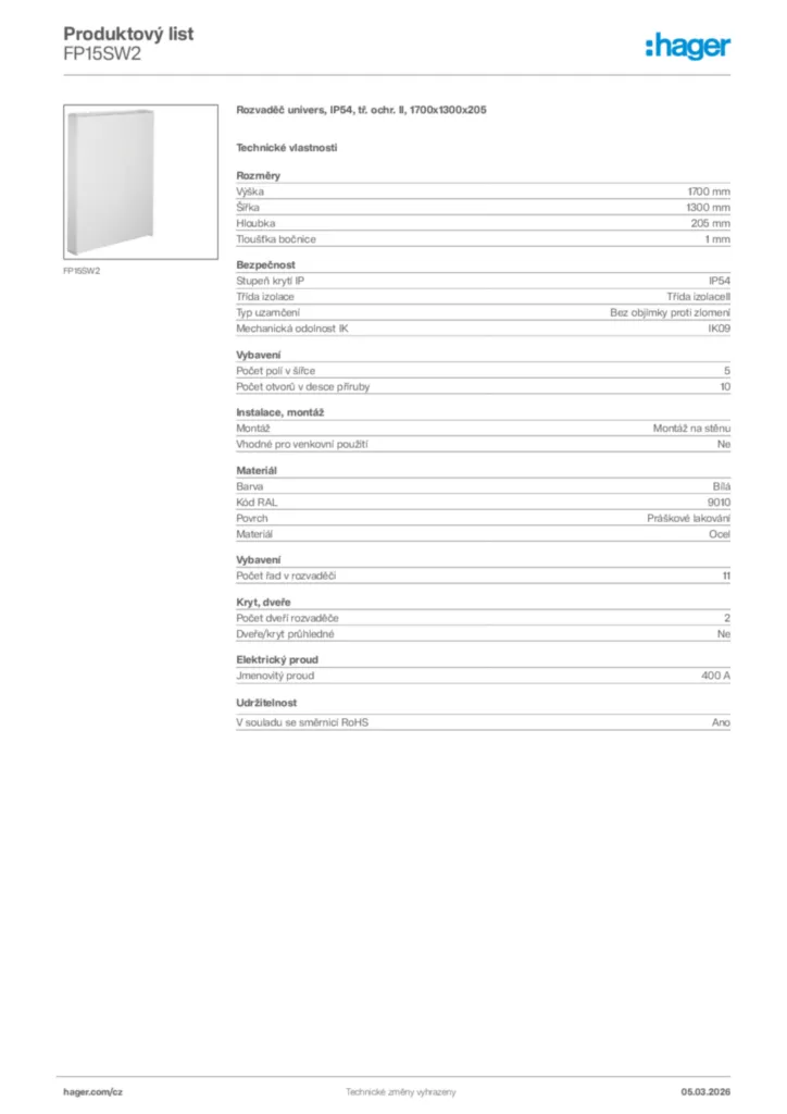 Obrázek Hager Product data sheet FP15SW2 | Hager