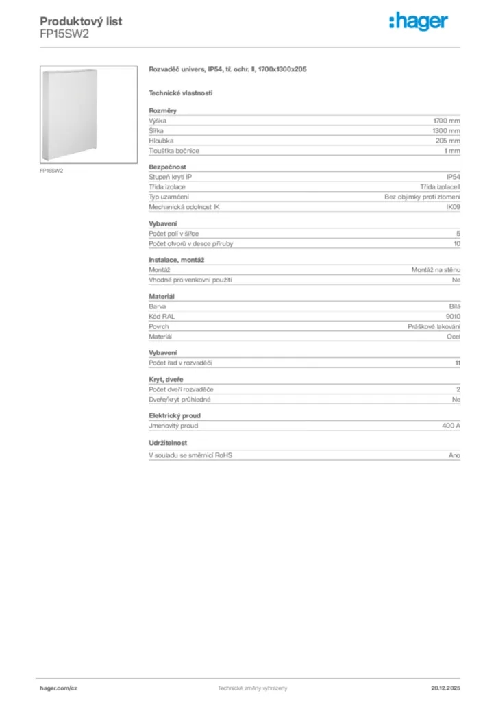 Obrázek Hager Produktový list FP15SW2 | Hager