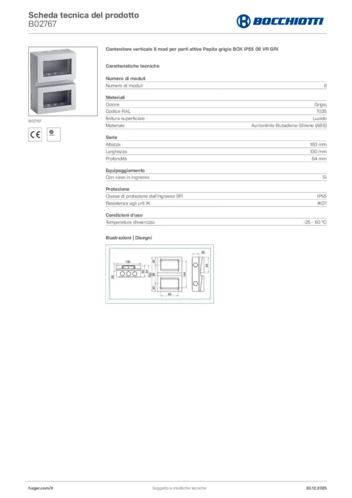 Immagine Bocchiotti Scheda tecnica del prodotto B02767 | Hager Italia