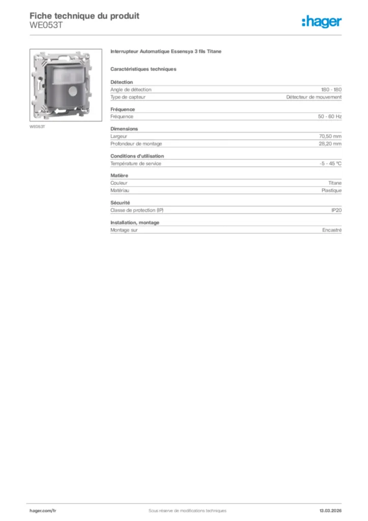 Image Hager Fiche technique du produit WE053T | Hager France