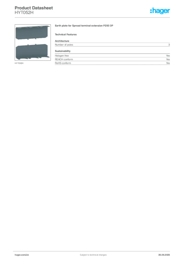 Image Hager Product data sheet HYT052H  | Hager