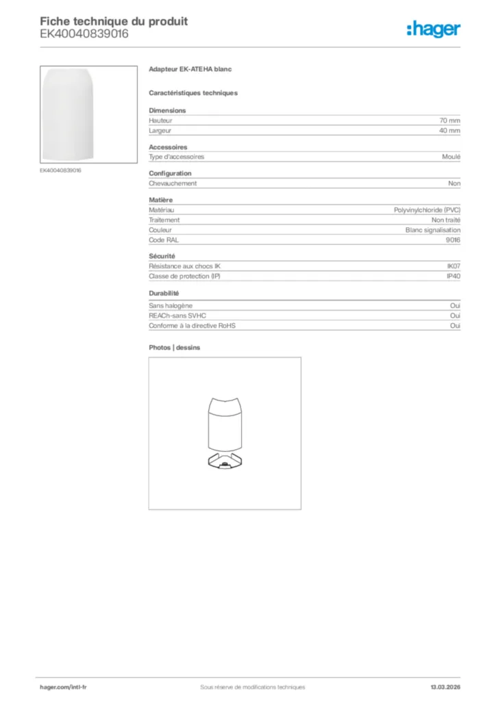 Image Hager Fiche technique du produit EK40040839016 | Hager Afrique