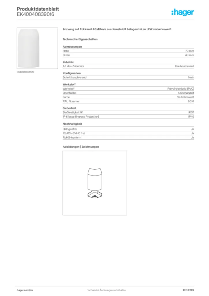 Bild Hager Produktdatenblatt EK40040839016 | Hager Deutschland